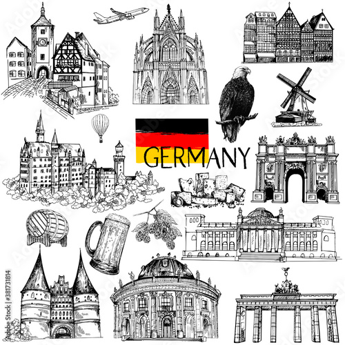 Set of hand drawn sketch style Germany related landmarks and different objects isolated on white background. Vector illustration.