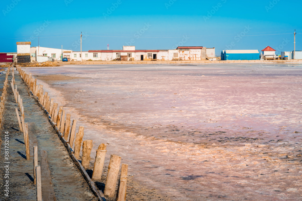 Wooden poles on the salt lake with rose water, Crimea