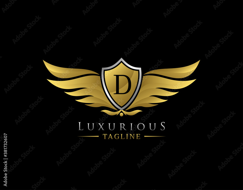 Luxury Wings Logo With D Letter. Elegant Gold Shield badge design for Royalty, Letter Stamp, Boutique, Hotel, Heraldic, Jewelry, Automotive. Luxury Wings Logo With D Letter. Elegant Gold Shield badge design for Royalty, Letter Stamp, Boutique, Hotel, Heraldic, Jewelry, Automotive.