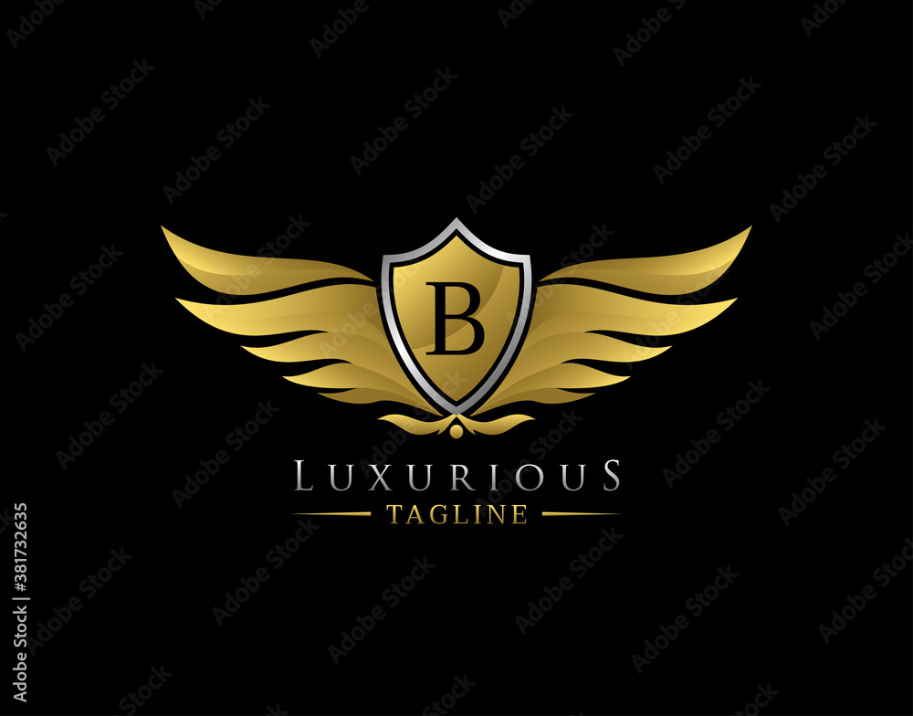 Luxury Wings Logo With B Letter. Elegant Gold Shield badge design for Royalty, Letter Stamp, Boutique, Hotel, Heraldic, Jewelry, Automotive. Luxury Wings Logo With B Letter. Elegant Gold Shield badge design for Royalty, Letter Stamp, Boutique, Hotel, Heraldic, Jewelry, Automotive.