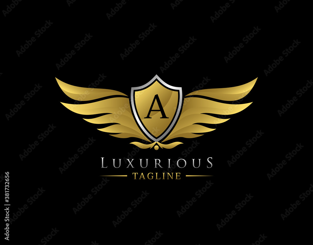 Luxury Wings Logo With A Letter. Elegant Gold Shield badge design for Royalty, Letter Stamp, Boutique, Hotel, Heraldic, Jewelry, Automotive. Luxury Wings Logo With A Letter. Elegant Gold Shield badge design for Royalty, Letter Stamp, Boutique, Hotel, Heraldic, Jewelry, Automotive.