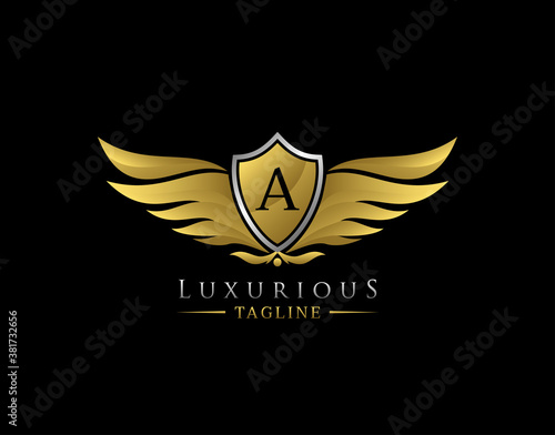 Luxury Wings Logo With A Letter. Elegant Gold Shield badge design for Royalty, Letter Stamp, Boutique, Hotel, Heraldic, Jewelry, Automotive.