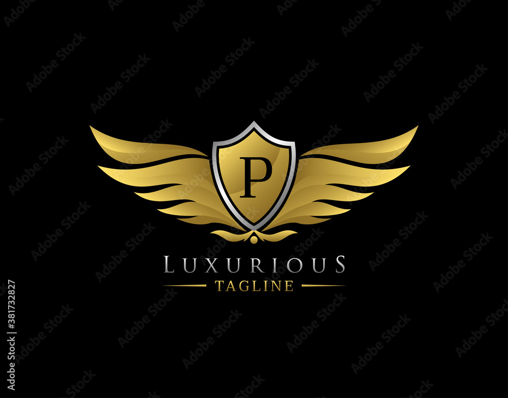 Luxury Wings Logo With P Letter. Elegant Gold Shield badge design for Royalty, Letter Stamp, Boutique, Hotel, Heraldic, Jewelry, Automotive. Luxury Wings Logo With P Letter. Elegant Gold Shield badge design for Royalty, Letter Stamp, Boutique, Hotel, Heraldic, Jewelry, Automotive.