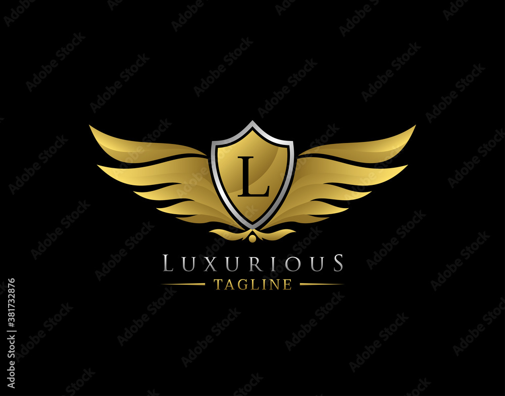 Luxury Wings Logo With L Letter. Elegant Gold Shield badge design for Royalty, Letter Stamp, Boutique, Hotel, Heraldic, Jewelry, Automotive. Luxury Wings Logo With L Letter. Elegant Gold Shield badge design for Royalty, Letter Stamp, Boutique, Hotel, Heraldic, Jewelry, Automotive.
