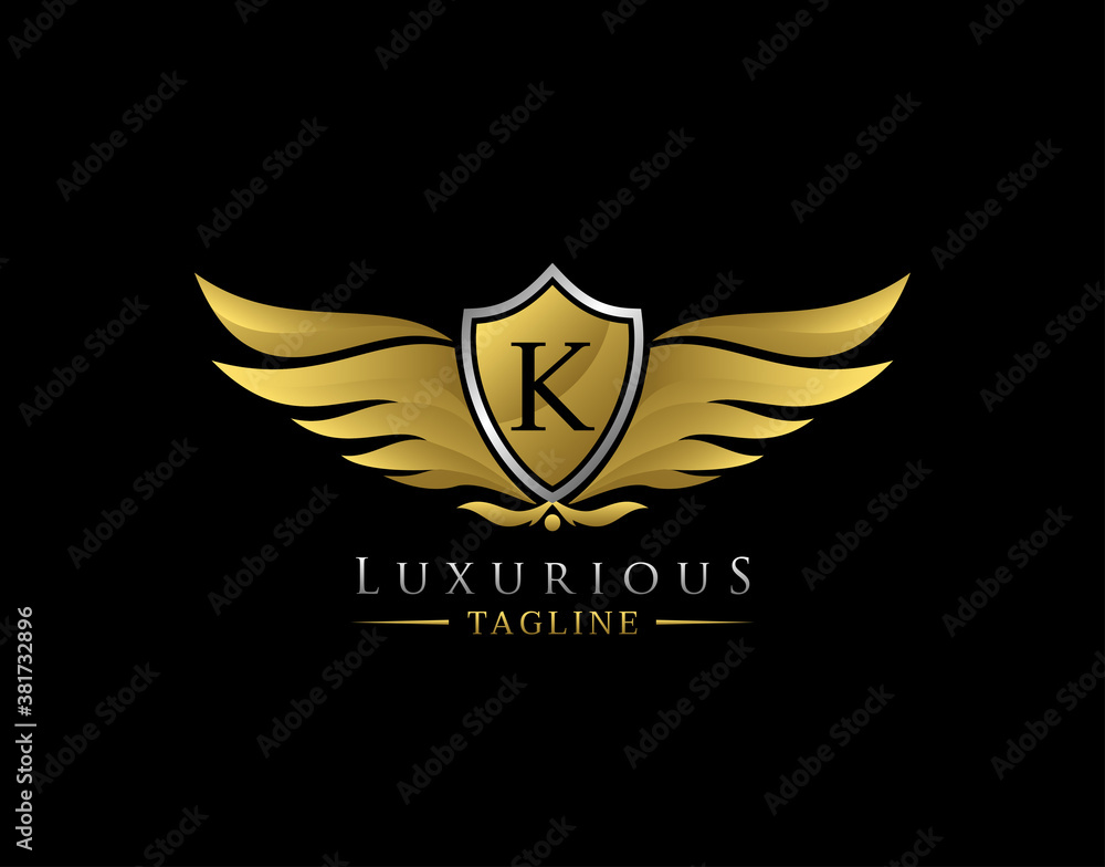 Luxury Wings Logo With K Letter. Elegant Gold Shield badge design for Royalty, Letter Stamp, Boutique, Hotel, Heraldic, Jewelry, Automotive. Luxury Wings Logo With K Letter. Elegant Gold Shield badge design for Royalty, Letter Stamp, Boutique, Hotel, Heraldic, Jewelry, Automotive.