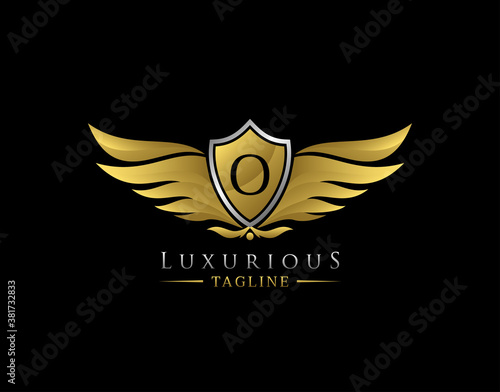 Luxury Wings Logo With O Letter. Elegant Gold Shield badge design for Royalty, Letter Stamp, Boutique, Hotel, Heraldic, Jewelry, Automotive.