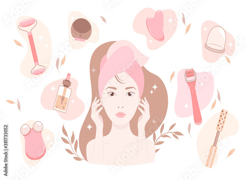 Silhouette of a woman's face with beauty gadgets. Excellent female skin with a facial roller, massager. Chinese medicine recommends. Cosmetic self-care.Advertising a beauty salon.Vector illustration.