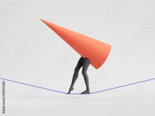 3d render. Abstract geometric cartoon character, tightrope walker. Red cone with black mannequin legs walks on rope. Dangerous trick. Balance metaphor. Minimal clip art isolated on white background.