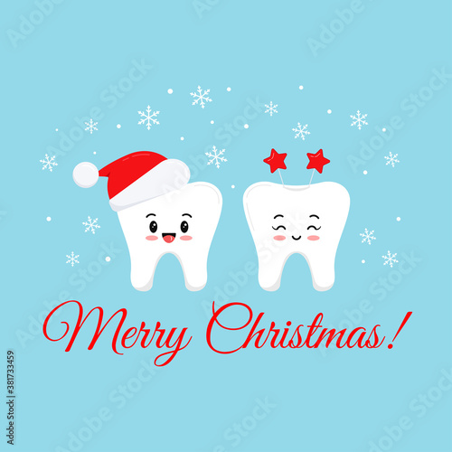 Cute smilling teeth with christmas costume on dentist greeting card. White winter tooth emoji in santa hat with star Merry Christmas photo props. Flat design cartoon style xmas vector illustration.