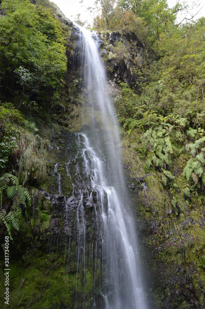 Obraz premium Hiking on the green paths of the levadas and waterfalls on Madeira Island in Portugal
