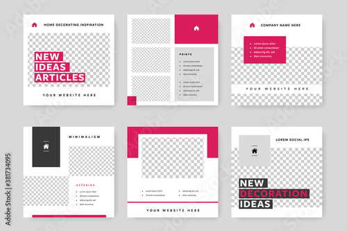 Clean and elegant social media templates pack with magenta background elements. Instagram posts for business with place for photos