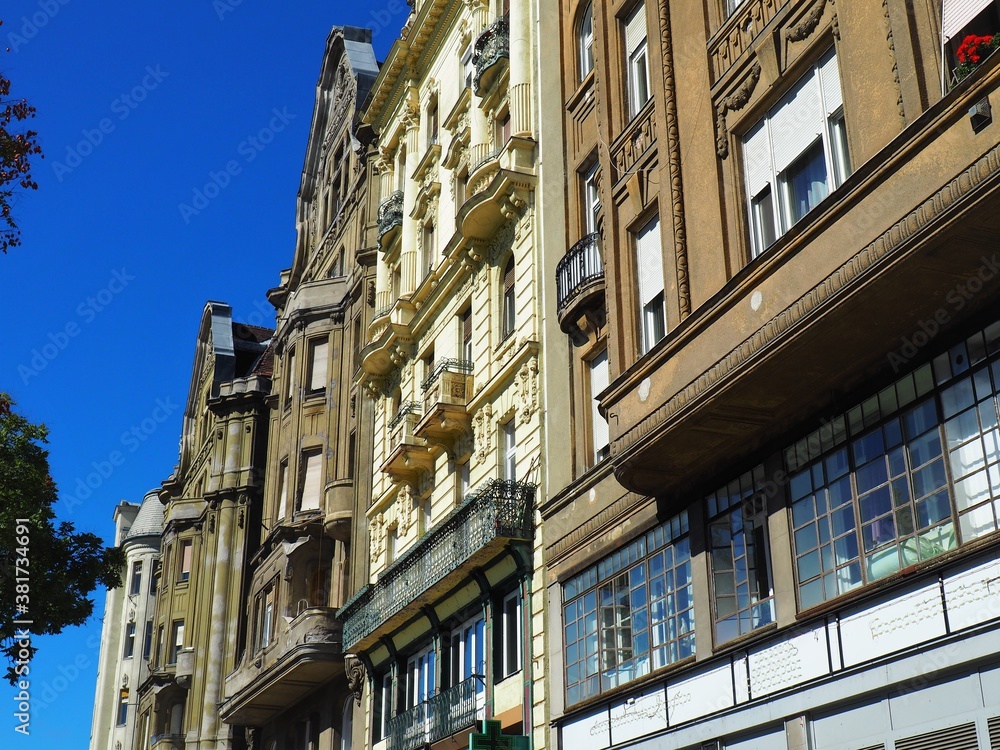 Traditional historical residential buildings in row in Budapest downtown, Hungary