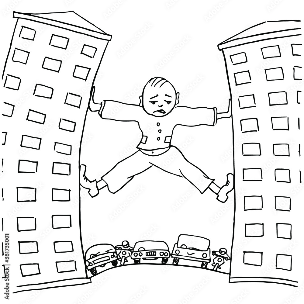 sad-man-trying-to-move-house-which-prevent-urban-transport-pencil