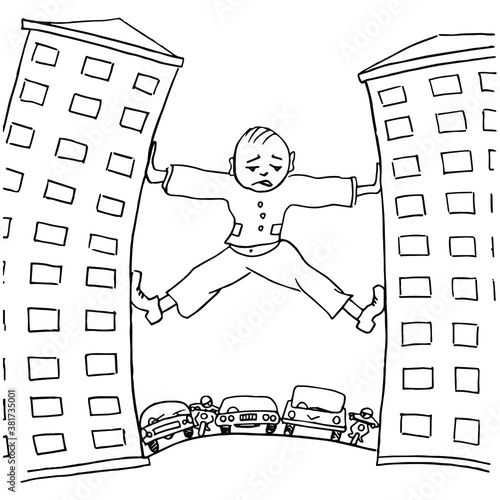 Sad man trying to move house, which prevent urban transport. Pencil drawing