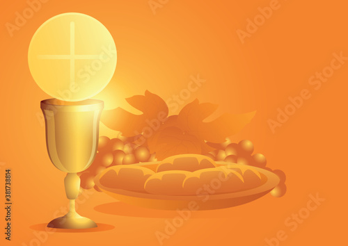 Eucharist symbol with chalice, bread and grapes