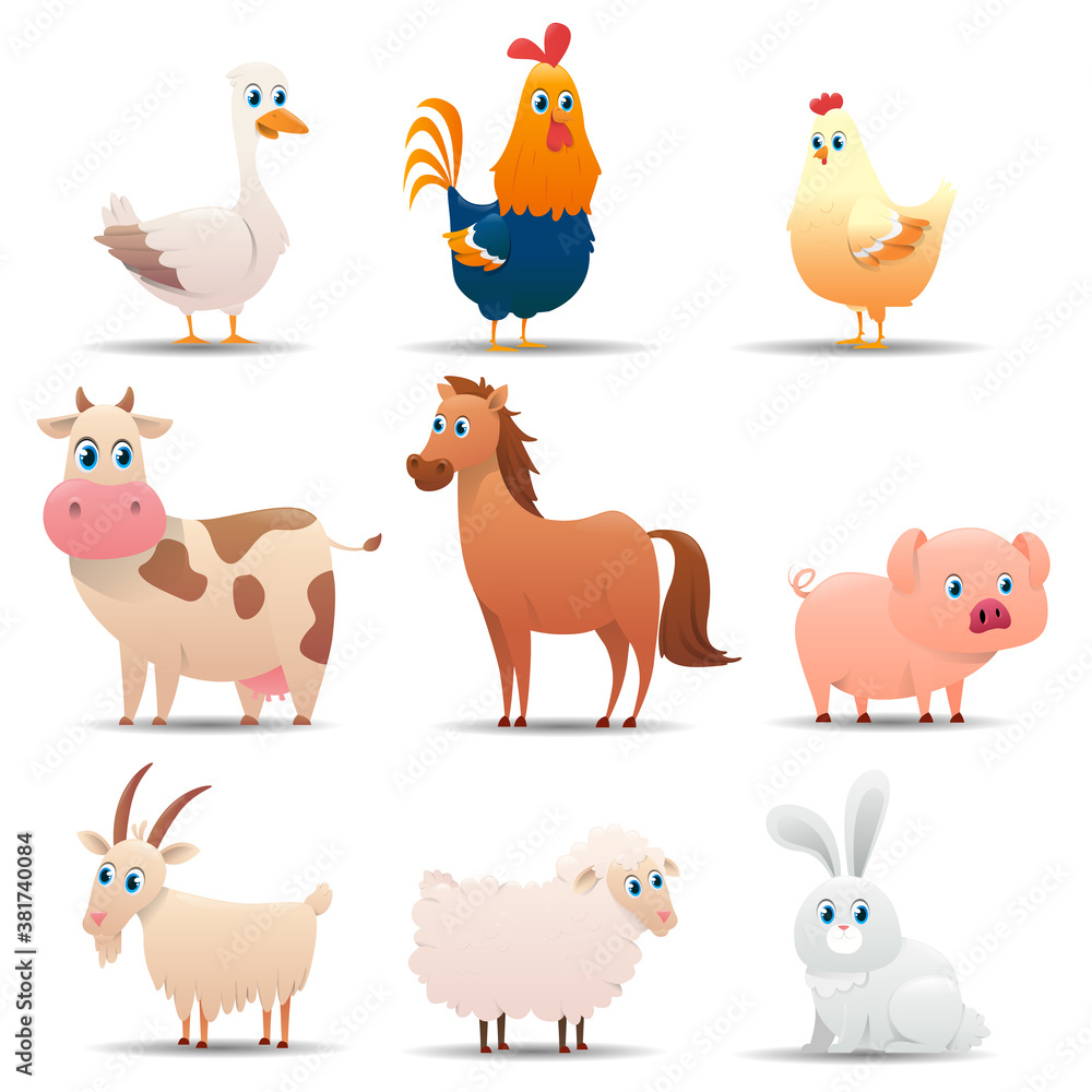 Fototapeta premium Popular farm animals set on a white background