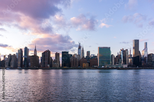 An aerial view of NYC skyline. Skyscrapers of midtown in Manhattan along East river