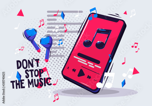 Vector illustration of a smartphone on the screen of which is a screen of the music player, music is played in wireless headphones, listen with wireless headphones