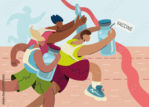 An illustration showing people running with coronavirus vaccines competing for the title of winner.