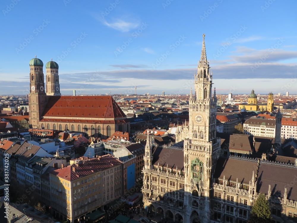 Aerial View of Munich, Frauenskirche, Marienplatz and Theatinerskirche, Bavaria. Germany