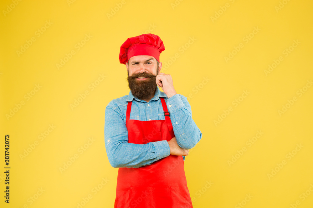 Man with beard and mustache restaurant cook, local food concept