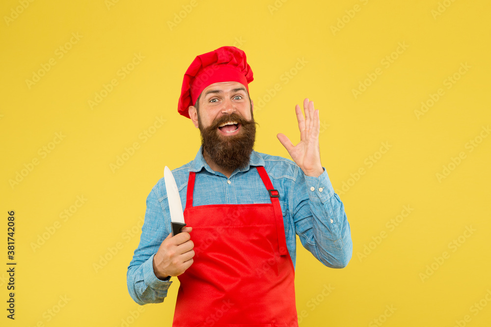 Family dinner ideas. Hipster cook hat and apron cooking delicious food