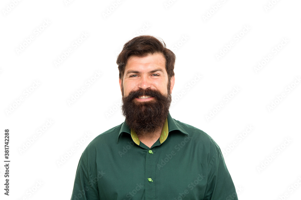 His facial hair looks styled in the best way possible. Bearded man smile isolated on white. Happy hipster with beard and stylish hair. Barbershop. Beard barber. Salon haircare. Barbering and grooming His facial hair looks styled in the best way possible. Bearded man smile isolated on white. Happy hipster with beard and stylish hair. Barbershop. Beard barber. Salon haircare. Barbering and grooming