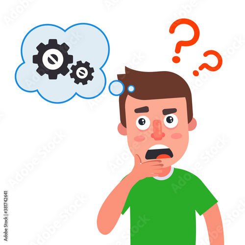 man thinks over a task. gears in a bubble. flat vector character illustration.