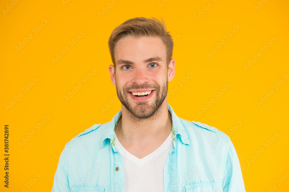 happy stylish unshaven man wear casual shirt on yellow background, male beauty happy stylish unshaven man wear casual shirt on yellow background, male beauty