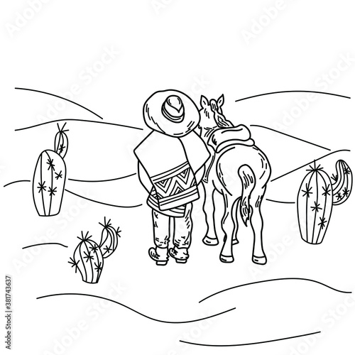 Rider and horse in the desert among cacti, rear view of cowboy and horse, wild southwest desert coloring page, vector outline illustration for design and creativity