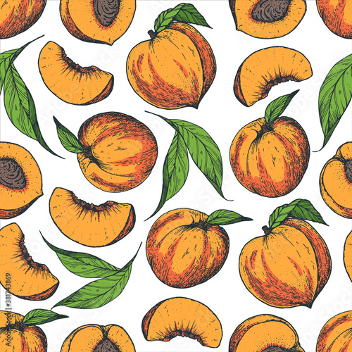 Seamless pattern with peach. Hand drawn pattern background. Colorful peach fruit illustration. Vector illustration.