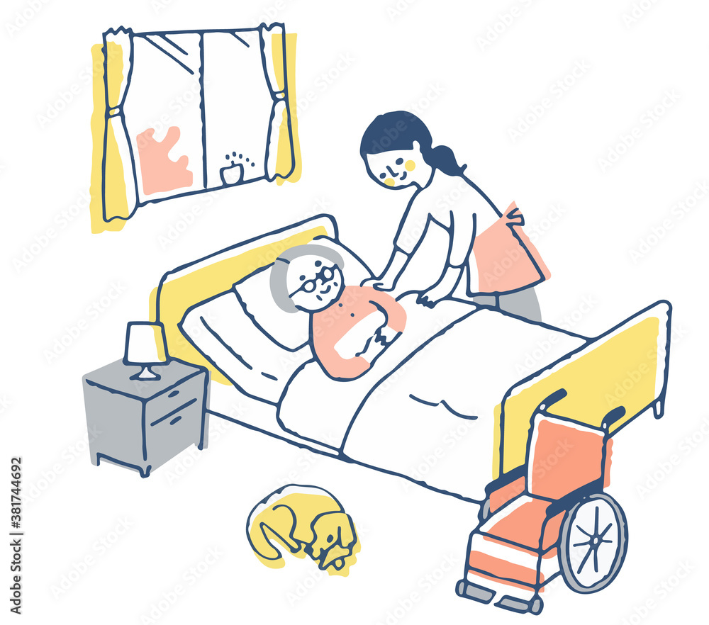 介護イメージ　ベッドにいるシニア女性と介護する女性