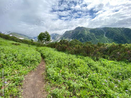 Kamchatka mountain with narrow footpath among greenery and snow with cloudy sky