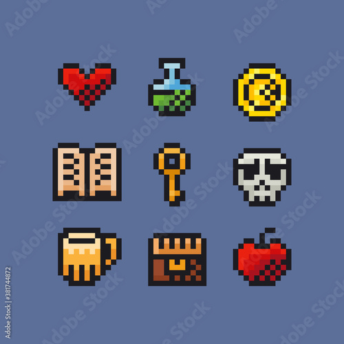 Vector pixel art illustration icon set - treasure chest, skull, magic potion, red heart, red apple, key, gold coin, old book, pint of beer for retro arcade fantasy adventure game development