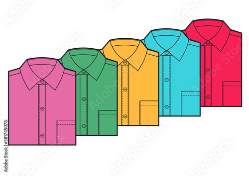 Men's blank folded shirt template. Multicolored shirts set. Vector