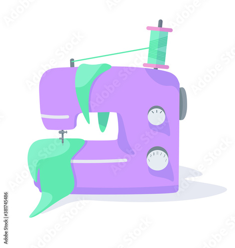 cute sewing machine in pastel colors with flaps of tissues and spool of threads