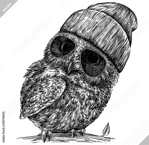 black and white engrave isolated owl vector illustration