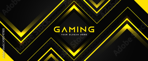 Futuristic yellow and black abstract gaming banner design template with metal technology concept. Vector graphic for business corporate promotion, game header social media, live streaming background