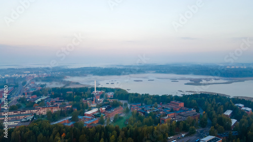 Aerial capture of an early foggy in the morning in Helsinki  Finland