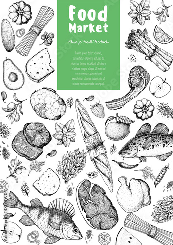 Food sketch. Vector illustration. Vegetables, fruits, meat hand drawn. Organic food set. Good nutrition pattern. Hand drawn food design elements.