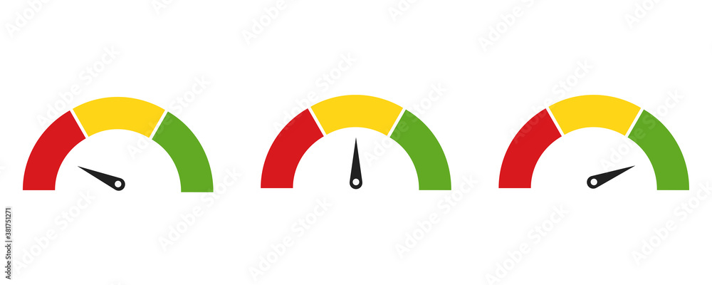© Ihor - Color speedometer icon. Set of colorful speedo. Vector illustration on white background . Flat colection of  tachometers.