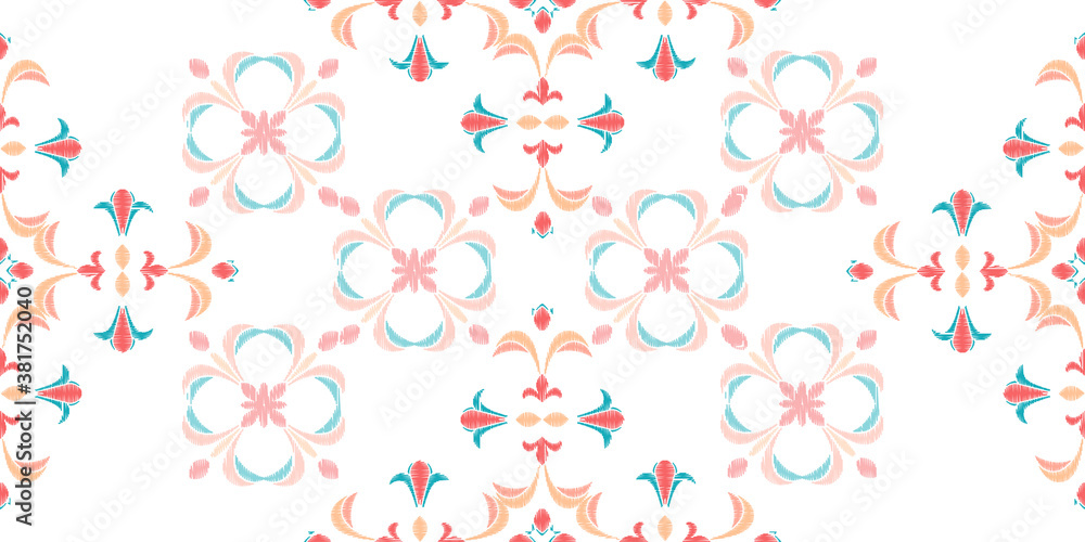 Colorful Ikat ornamentel seamless pattern for textile, wallpaper, card or wrapping paper. Tile for surface design.