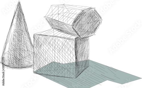 Hand-drawn vector cone, cube and other geometric shapes
