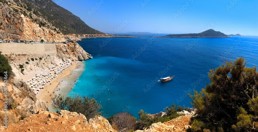 Panoramic landscape of Kaputas Beach in Kas, Kalkan, Antalya, Turkey. Lycian way. Summer and holiday concept