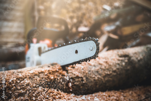 Chainsaw. Close-up of woodcutter sawing chain saw in motion  sawdust fly to sides. Chainsaw in motion. Hard wood working in forest. Sawdust fly around.