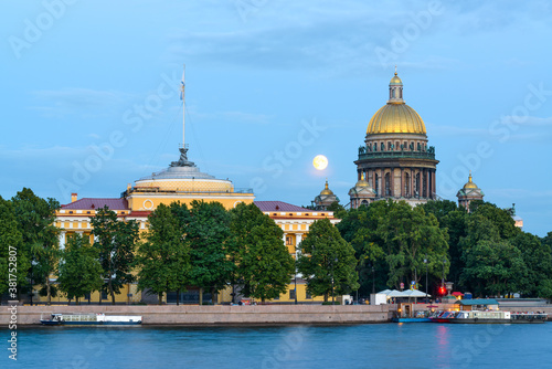 St Isaac's Cathedral and Admiralty across Neva river, famous landmarks, St Petersburg, Russia