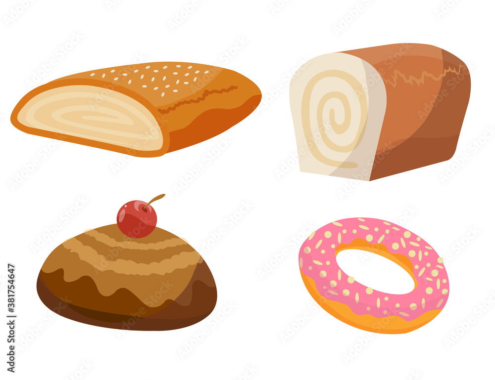 Bread bakery assortiment. Set of baking pastry products for bakery menu, recipe book. Cartoon cute characters of baguette, croissant, cookies, buns
