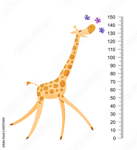 Funny giraffe. Cheerful funny giraffe with long neck. Giraffe meter wall or height chart or wall sticker. Illustration with scale from 2 to 150 centimeter to measure growth