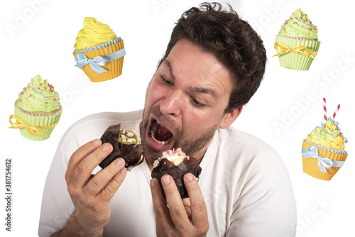Man is very hungry and eats a lot of cupcake photo