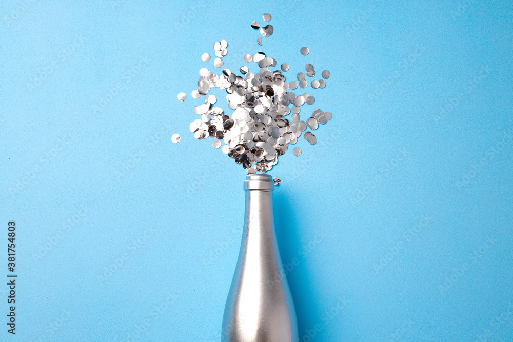 Festive background with champagne bottle and confetti - obrazy, fototapety, plakaty 